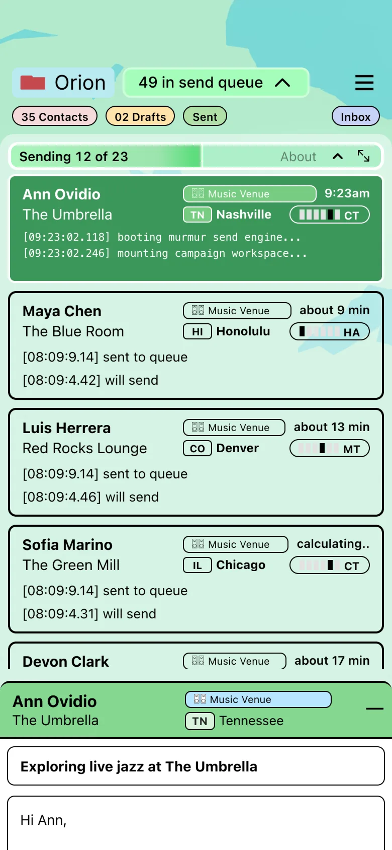 Murmur campaign send queue on a phone, sending scheduled emails to music venues